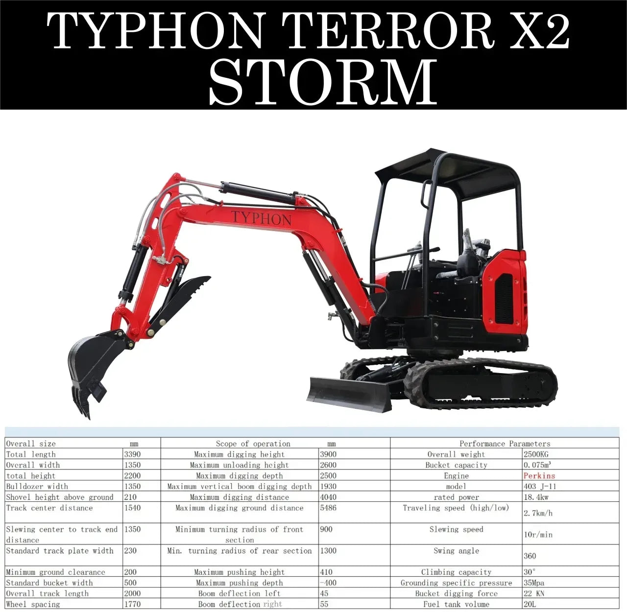 TYPHON TERROR X2 STORM Mini Excavator 2.5 Ton Diesel Perkins Engine USA