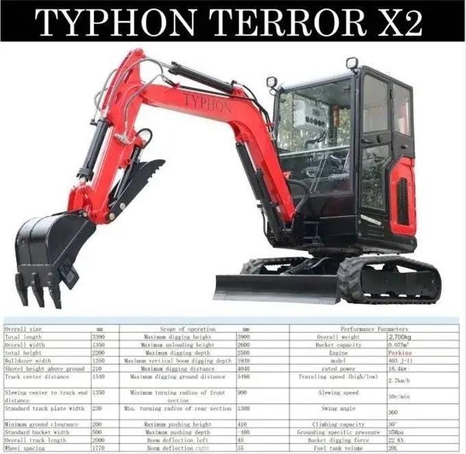 2025 TYPHON TERROR X2 Mini Excavator – 2.7 Ton | Perkins 403J‑11 Diesel Engine | EPA Certified
