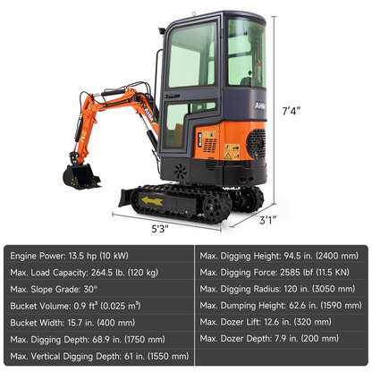 AX-12C | 13.5 HP B&amp;S Engine Mini Excavator with Enclosed Cab