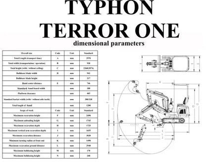TYPHON TERROR ONE STORM Mini Excavator – 1 Ton Trench Digger with Canopy, Hydraulic Thumb Clip, Hydraulic Oil Cooler, 13.5hp B&amp;S Engine USA