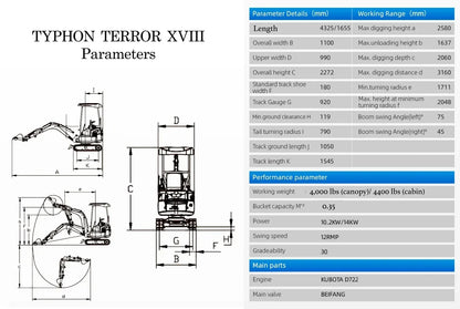 TYPHON TERROR XVIII Mini Excavator – 4000lbs Digger with 0.03 cbm Bucket USA
