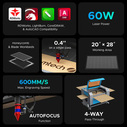 OMTech Maker AF2028-60 60W CO2 Laser Engraver and Cutter with 20" x 28" Working Area and Autofocus
