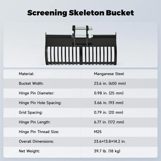 24" Screening Skeleton Bucket Attachment for Mini Excavators AHM 600mm Width