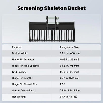 24" Screening Skeleton Bucket Attachment for Mini Excavators AHM 600mm Width