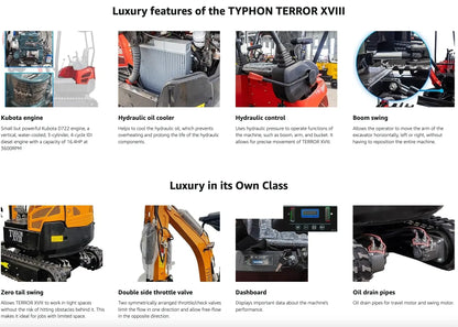 TYPHON TERROR XVIII Prestige 2 Ton Mini Excavator KUBOTA Diesel Engine USA