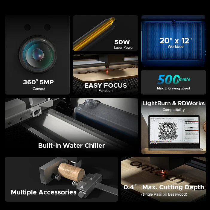 OMTech Polar 50W Desktop CO2 Laser Engraver and Cutter with Two Rotary Axes