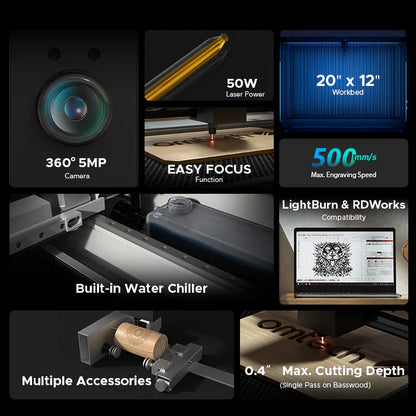 OMTech Polar 50W Desktop CO2 Laser Engraver and Cutter with Two Rotary Axes
